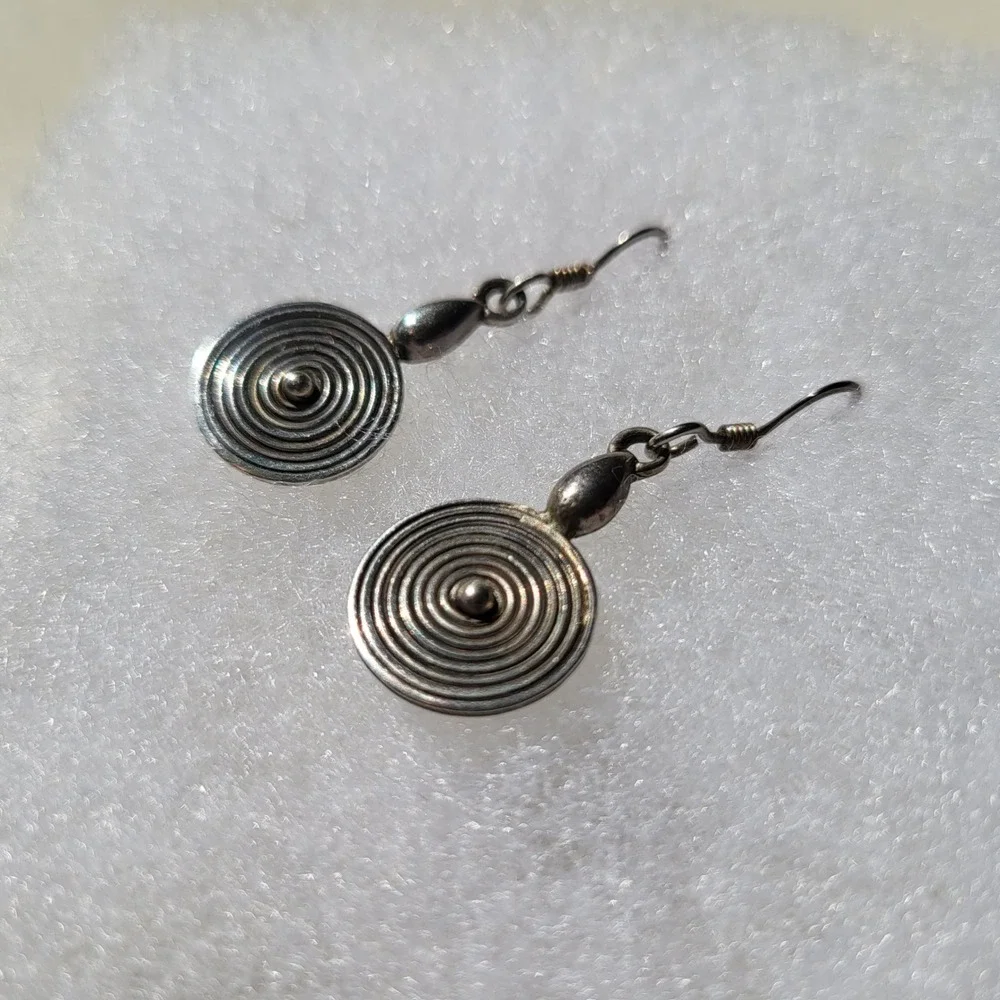 925 Sterling Silver Spiral Drop Earrings Vintage Boho Concentric Circle